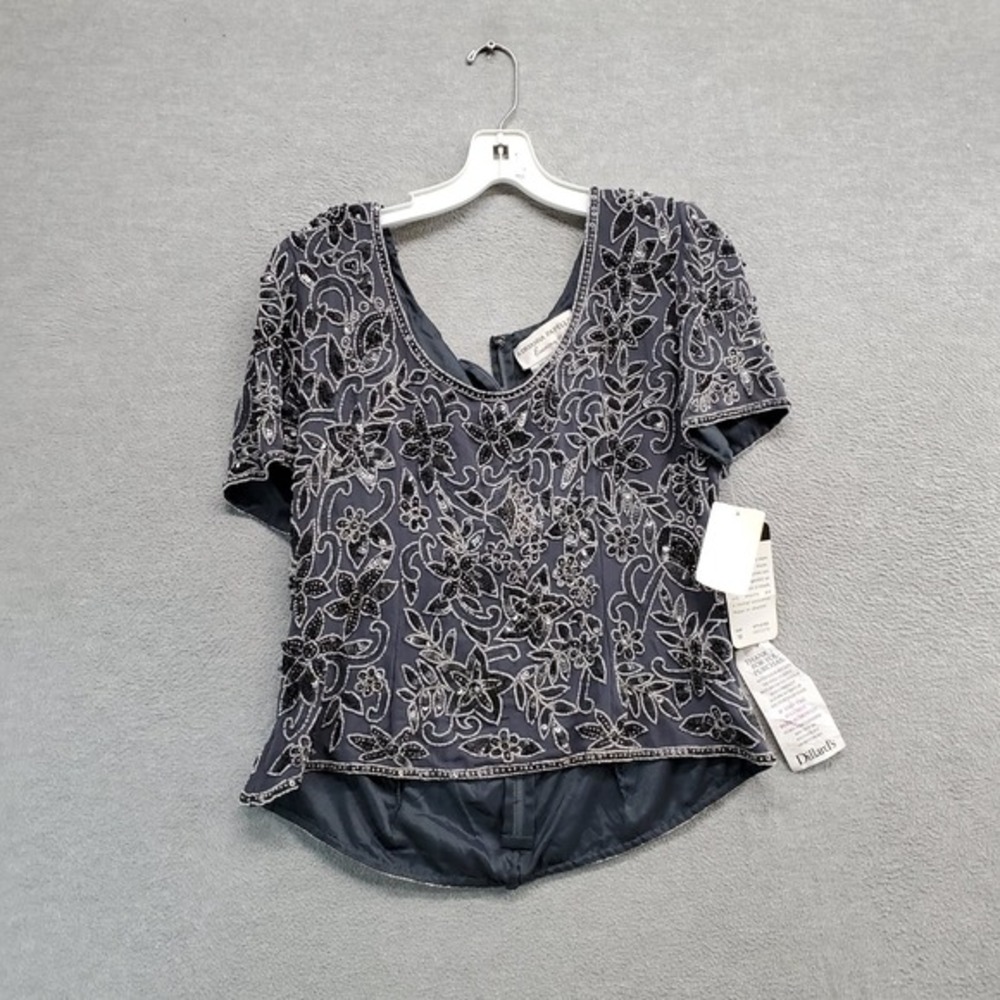 Adrianna Papell Evening Women Top 12 Gray Floral 100% Silk Sequin Beaded NWT